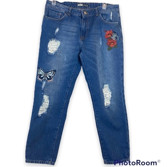 Stradivarius Relaxed Mom Jeans Sz 8 Embroidered floral Boho Granniecore - Picture 1 of 7